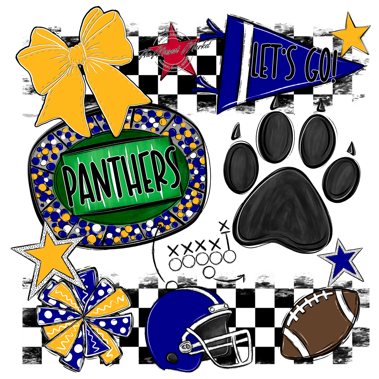 Panthers Checkers Mascot Spirit Design w Paw-Blue-Yellow