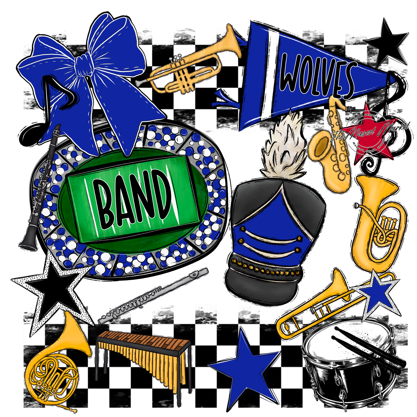 Wolves Checkers Band Spirit Design-Blue