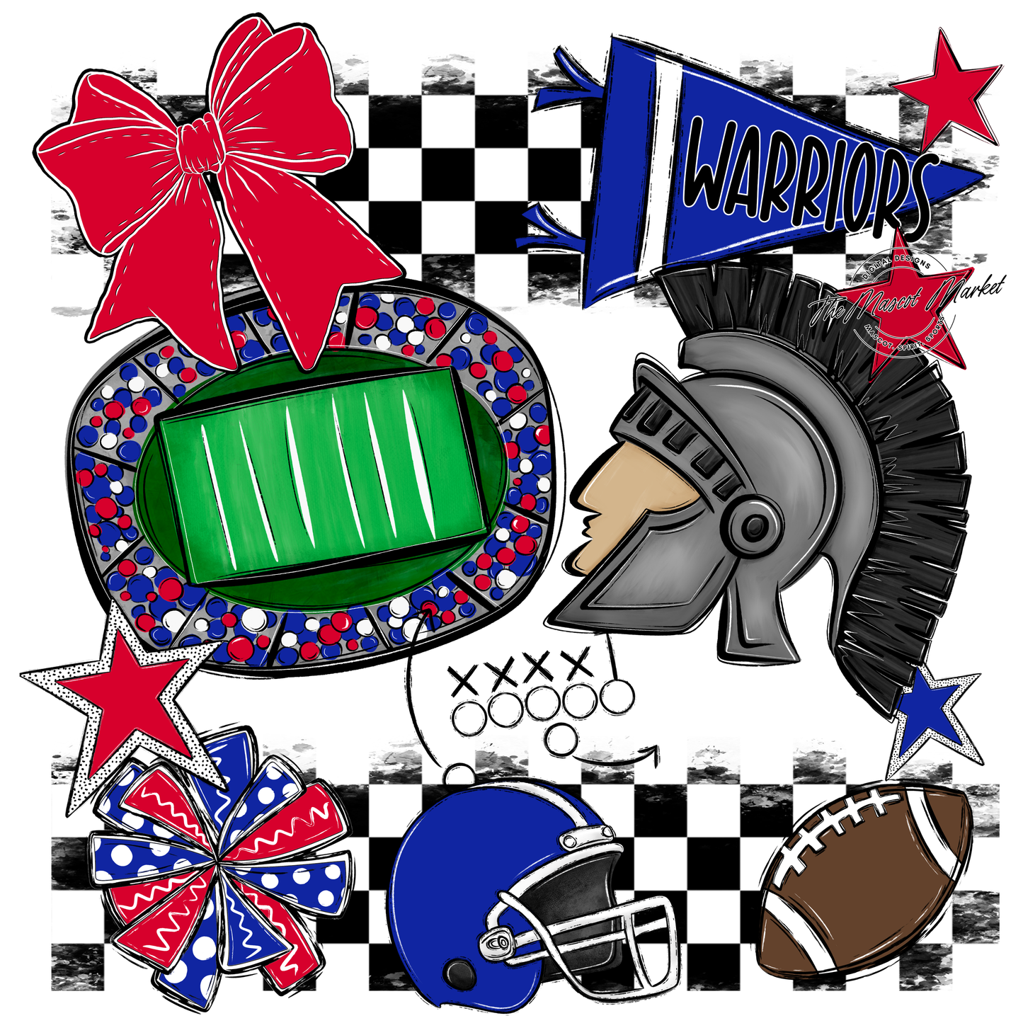 Warriors Checkers Mascot Spirit Design-Royal Blue-Red