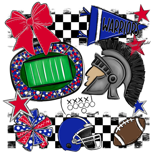 Warriors Checkers Mascot Spirit Design-Royal Blue-Red