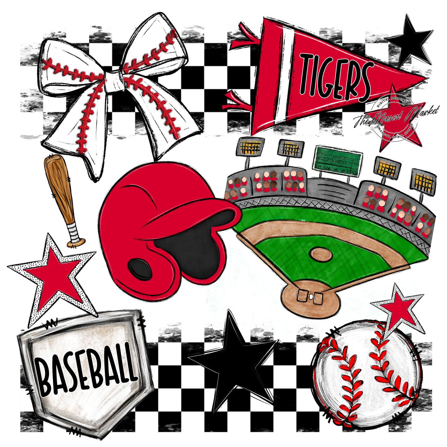 Tigers Checkers Baseball Spirit Design-Red