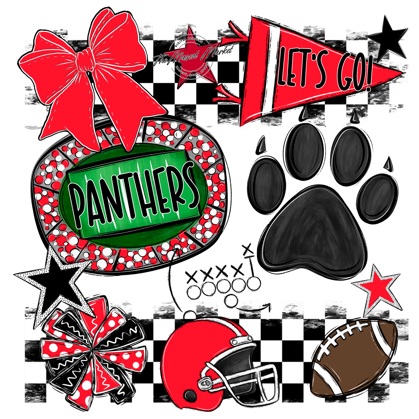 Panthers Checkers Mascot Spirit Design w Paw-Bright Red