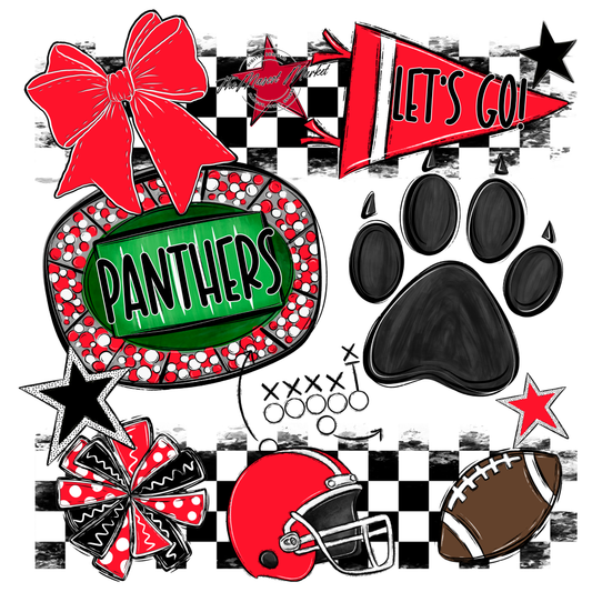 Panthers Checkers Mascot Spirit Design w Paw-Bright Red