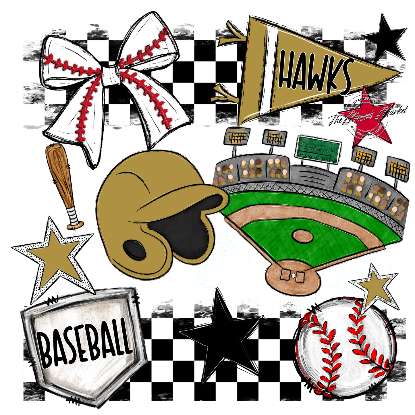 Hawks Checkers Baseball Spirit Design-Gold