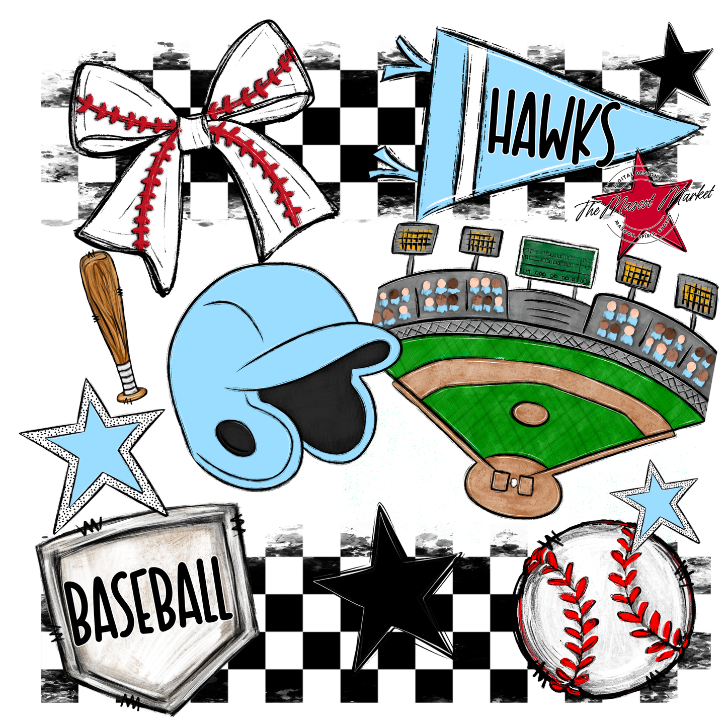 Hawks Checkers Baseball Spirit Design-Columbia Blue