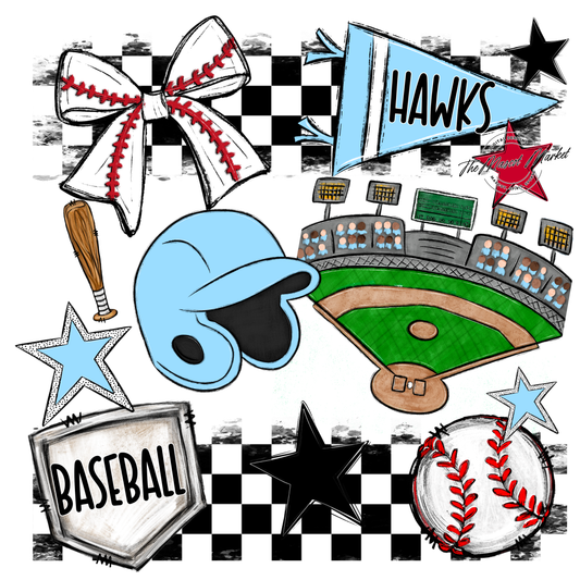 Hawks Checkers Baseball Spirit Design-Columbia Blue