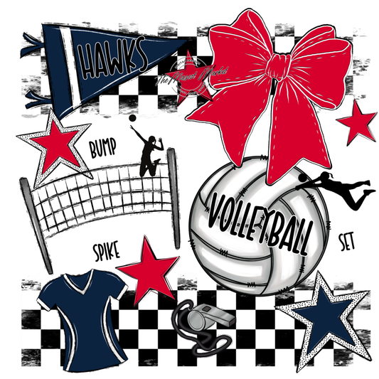 Hawks Checkers Volleyball Spirit Design-Navy-Red