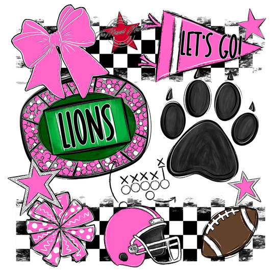 Lions Checkers Mascot Spirit Design w Paw-Baby Pink