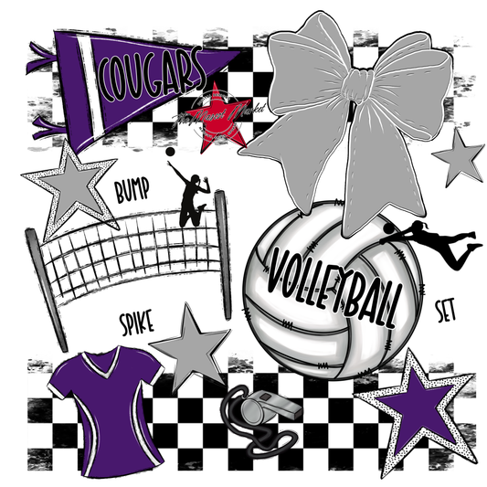 Cougars Checkers Volleyball Spirit Design-Purple-Grey