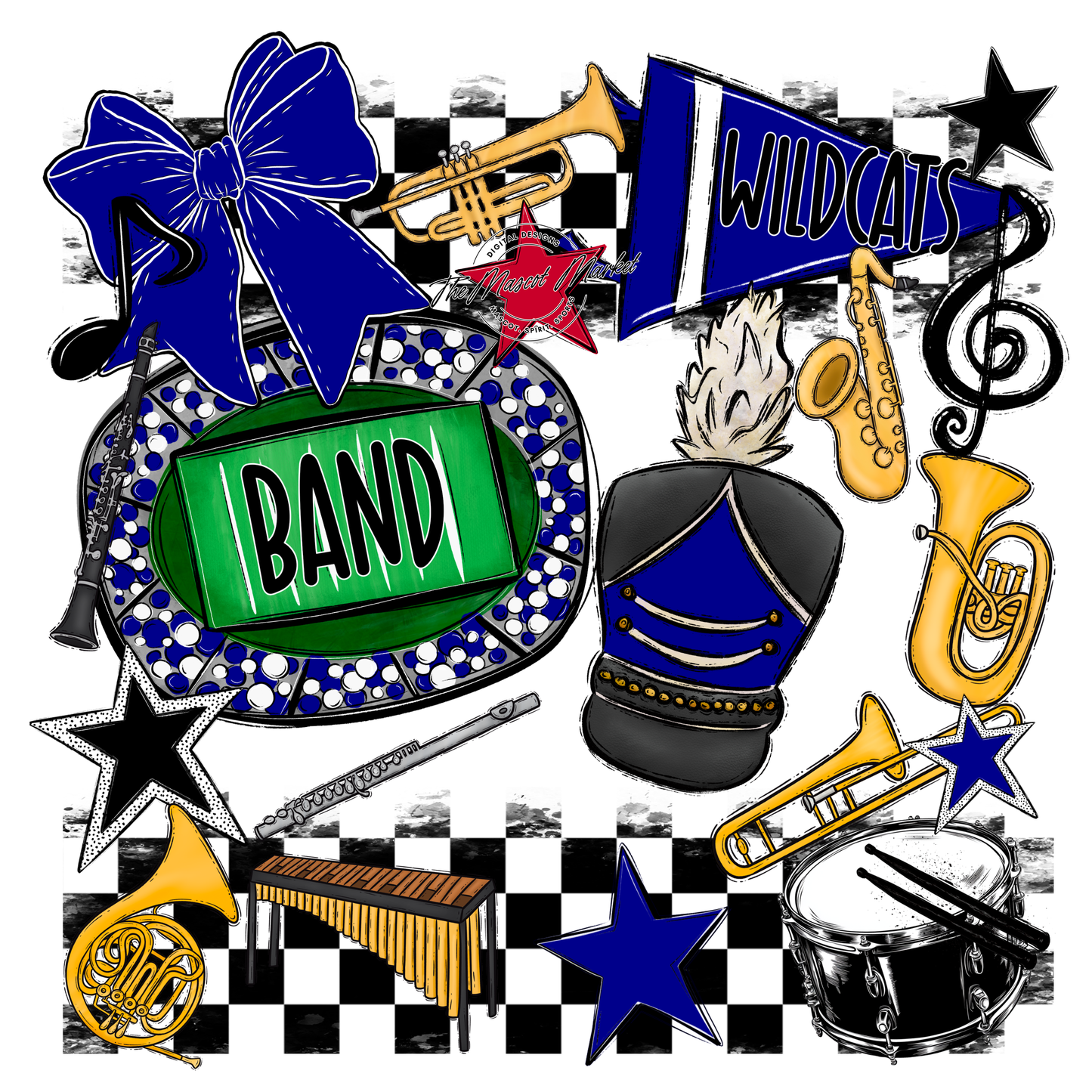 Wildcats Checkers Band Spirit Design-Blue