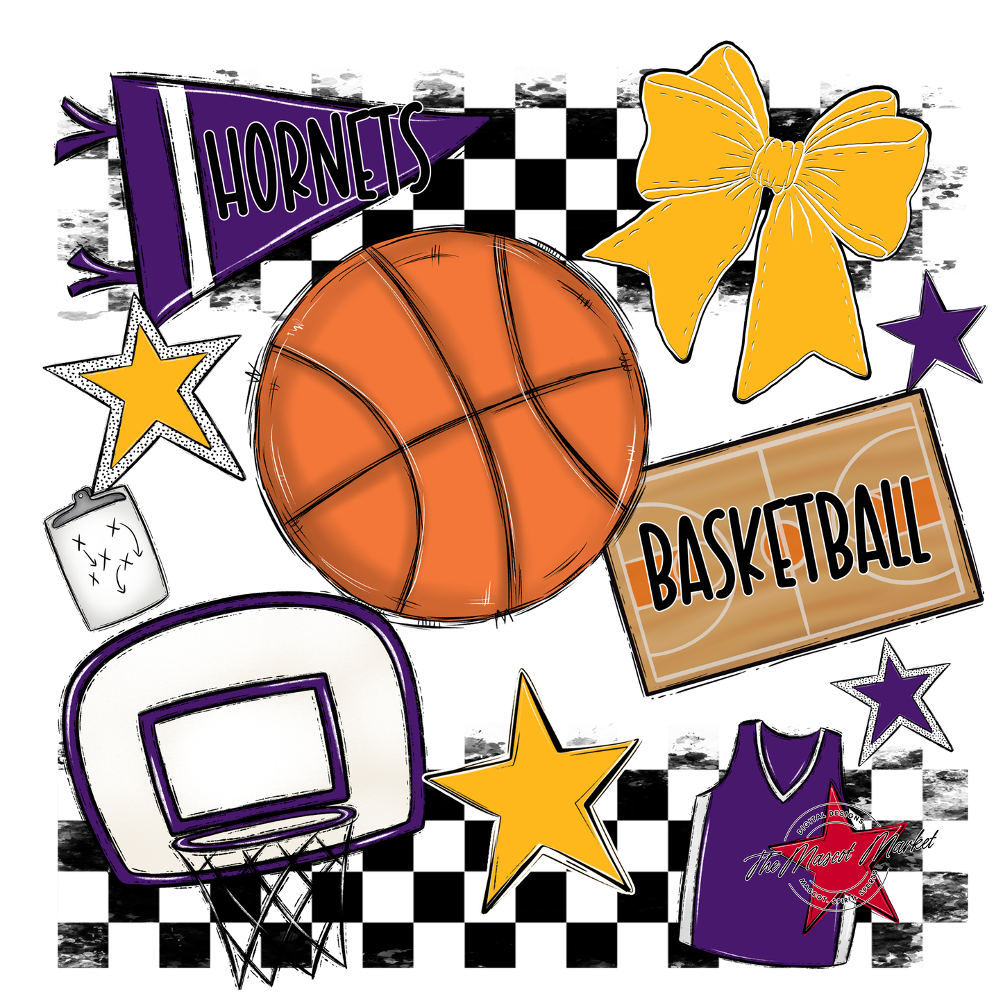 Hornets Checkers Basketball Spirit Design-Purple-Yellow