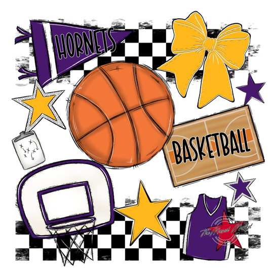 Hornets Checkers Basketball Spirit Design-Purple-Yellow