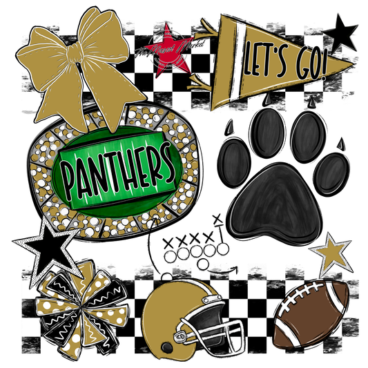 Panthers Checkers Mascot Spirit Design w Paw-Gold