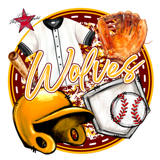 Wolves Circle Baseball Design-Maroon-Yellow