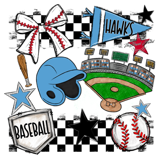 Hawks Checkers Baseball Spirit Design-Carolina Blue