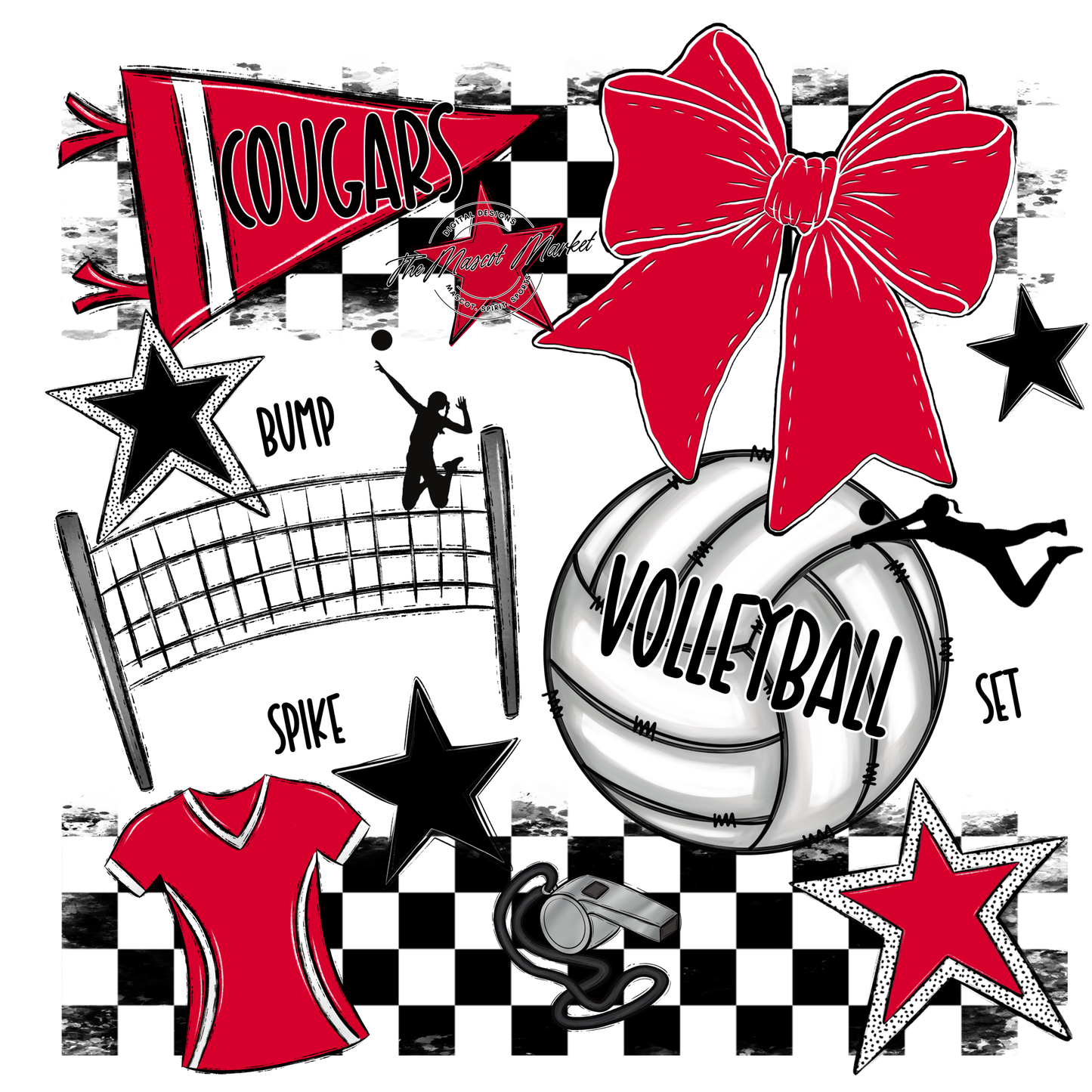 Cougars Checkers Volleyball Spirit Design-Red