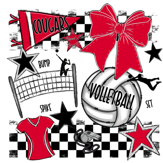 Cougars Checkers Volleyball Spirit Design-Red