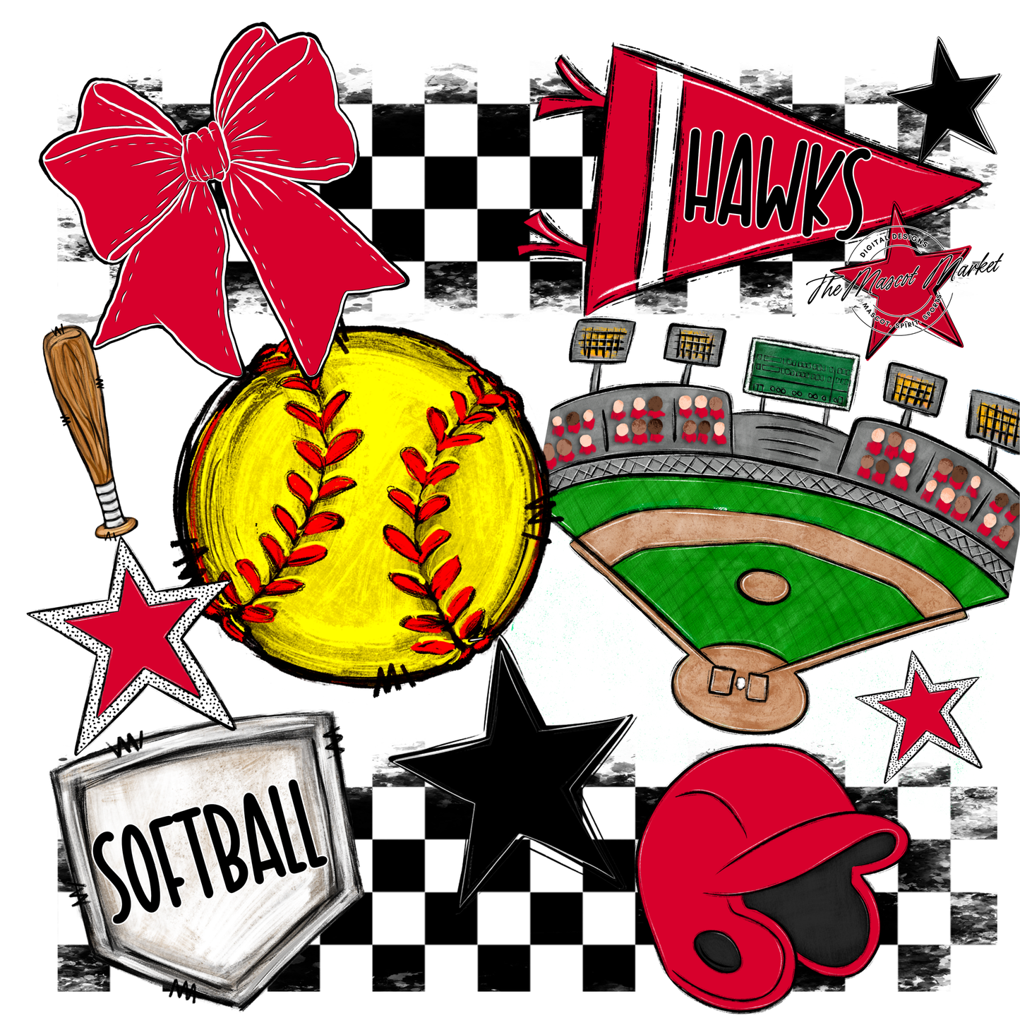 Hawks Checkers Softball Spirit Design-Red