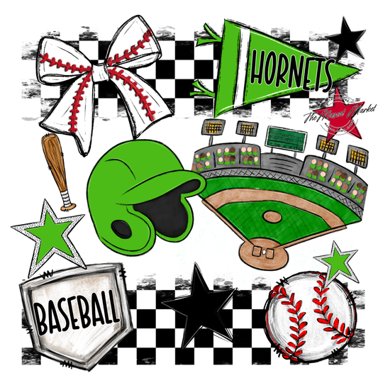 Hornets Checkers Baseball Spirit Design-Bright Green