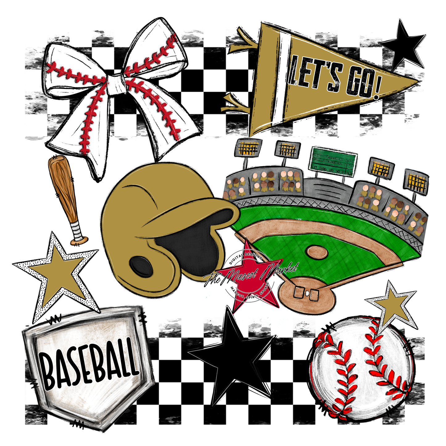 Baseball Checkers Spirit Design-Gold