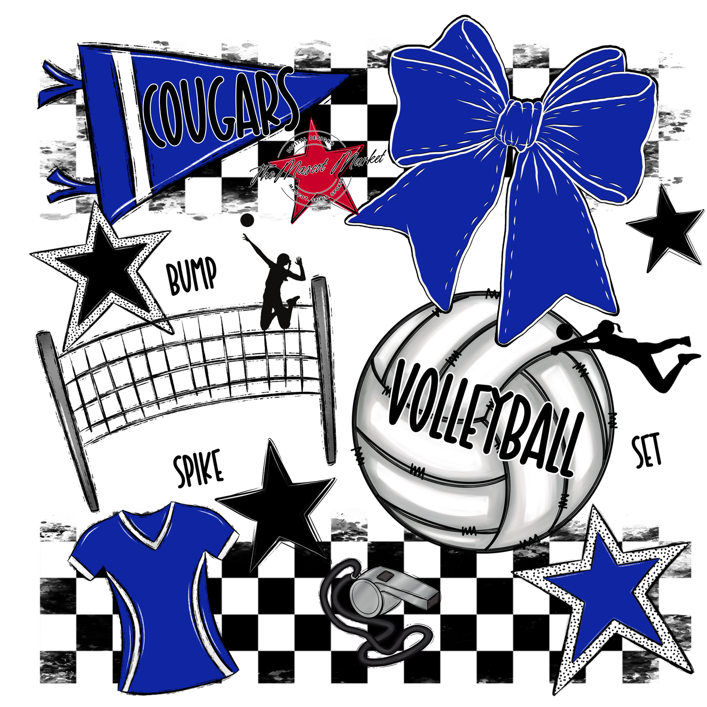 Cougars Checkers Volleyball Spirit Design-Royal Blue