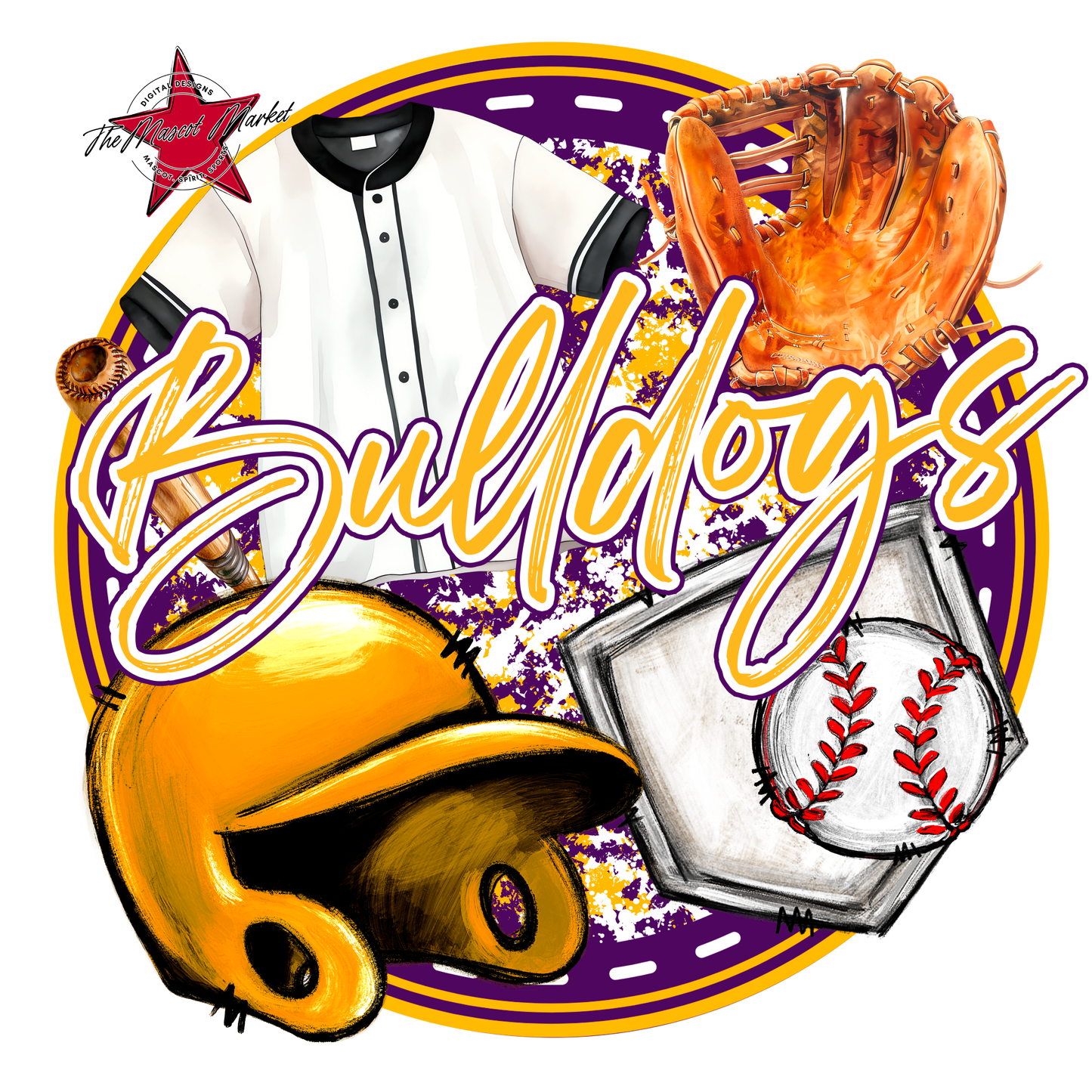 Bulldogs Circle Baseball Design-Purple-Yellow