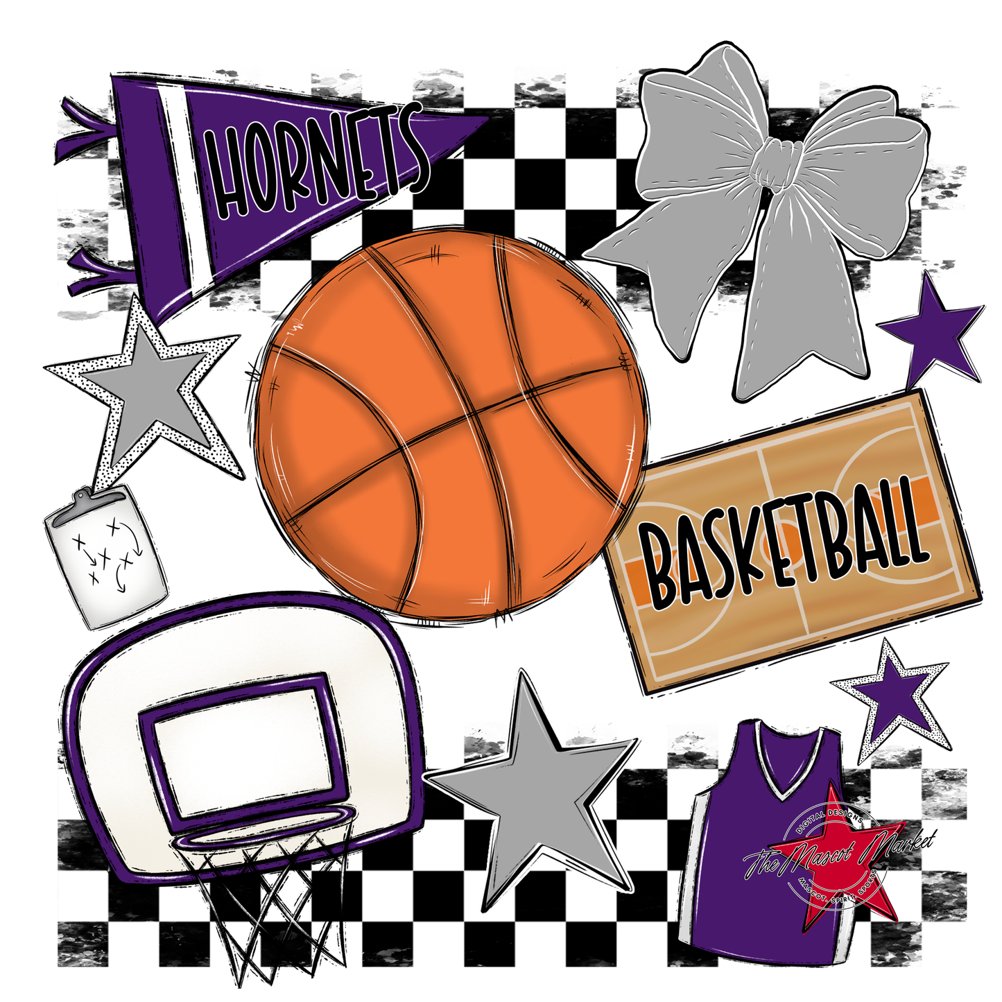 Hornets Checkers Basketball Spirit Design-Purple-Grey