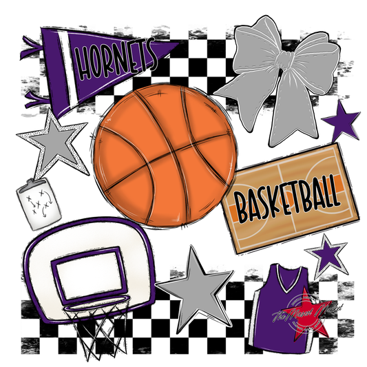 Hornets Checkers Basketball Spirit Design-Purple-Grey