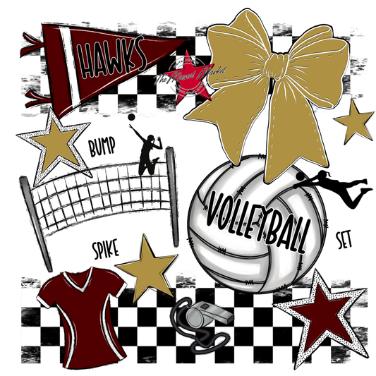 Hawks Checkers Volleyball Spirit Design-Maroon-Gold