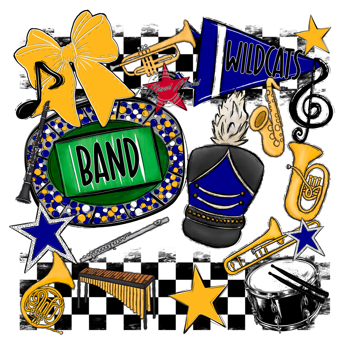 Wildcats Checkers Band Spirit Design-Blue-Yellow