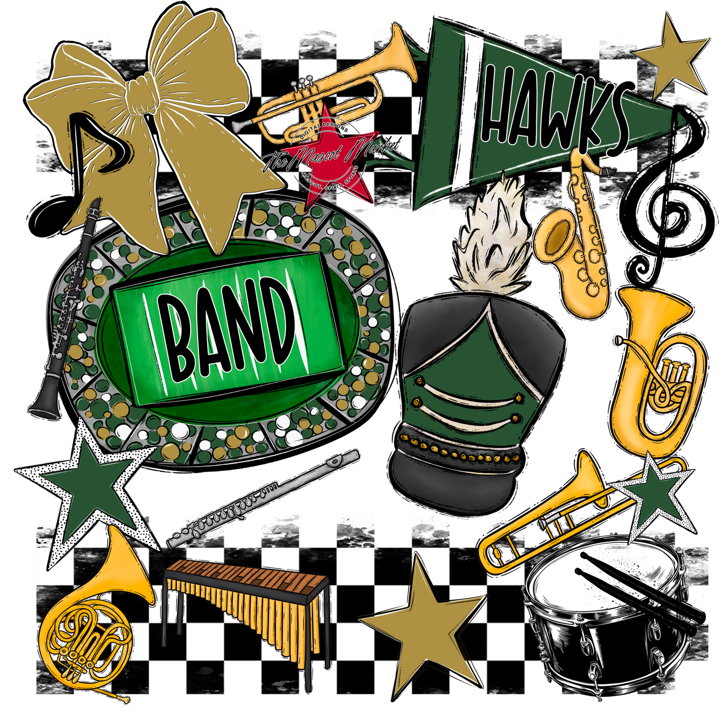 Hawks Checkers Band Spirit Design-Green-Gold