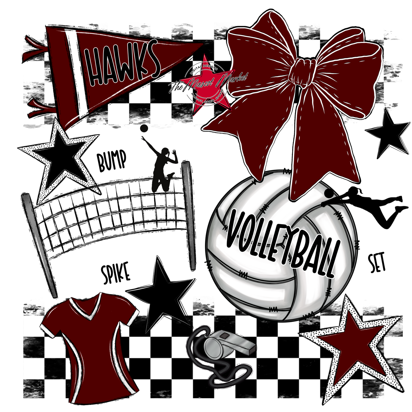 Hawks Checkers Volleyball Spirit Design-Maroon