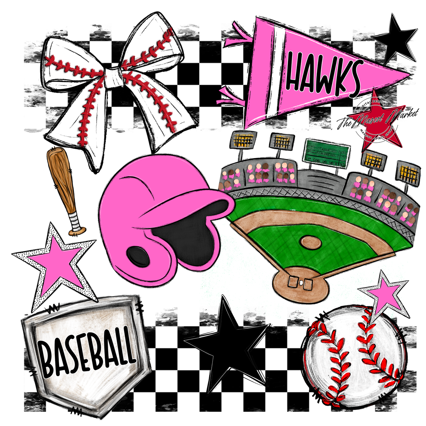 Hawks Checkers Baseball Spirit Design-Baby Pink