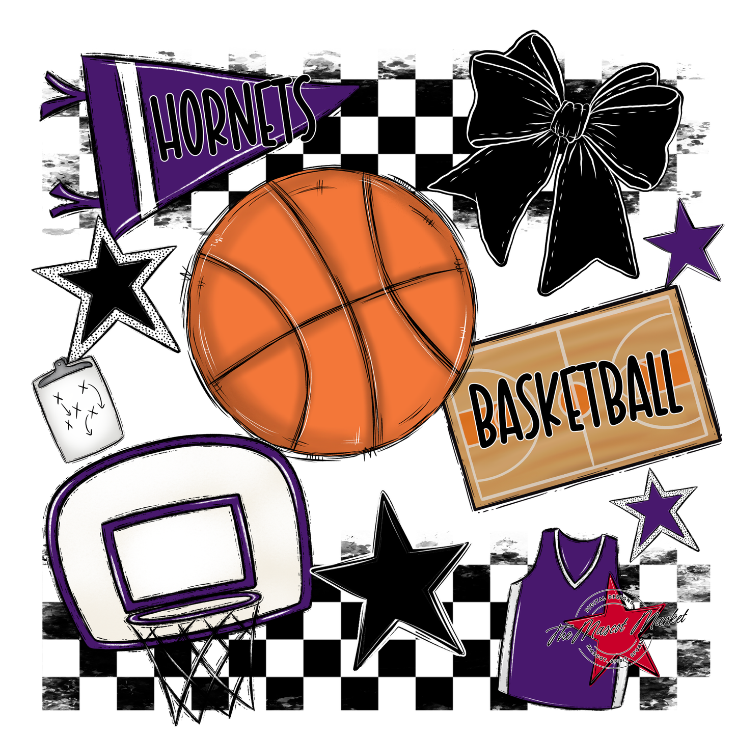 Hornets Checkers Basketball Spirit Design-Purple