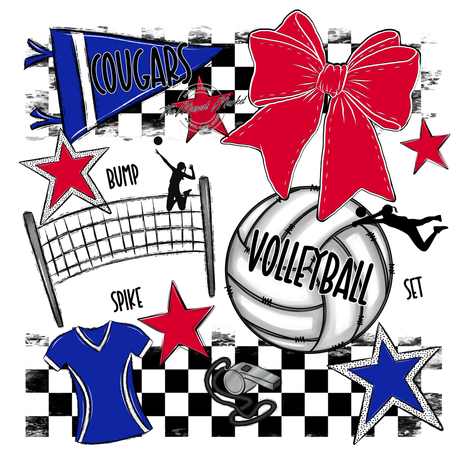 Cougars Checkers Volleyball Spirit Design-Royal Blue-Red