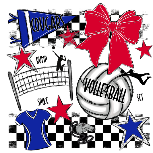 Cougars Checkers Volleyball Spirit Design-Royal Blue-Red