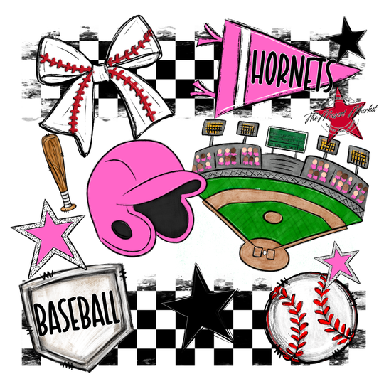 Hornets Checkers Baseball Spirit Design-Baby Pink