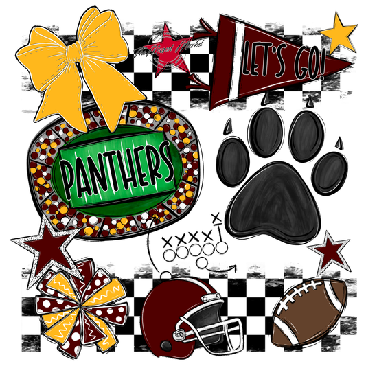 Panthers Checkers Mascot Spirit Design w Paw-Maroon-Yellow
