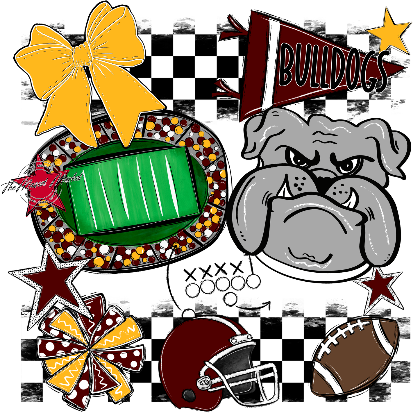 Bulldogs Checkers Mascot Spirit Design-Maroon-Yellow