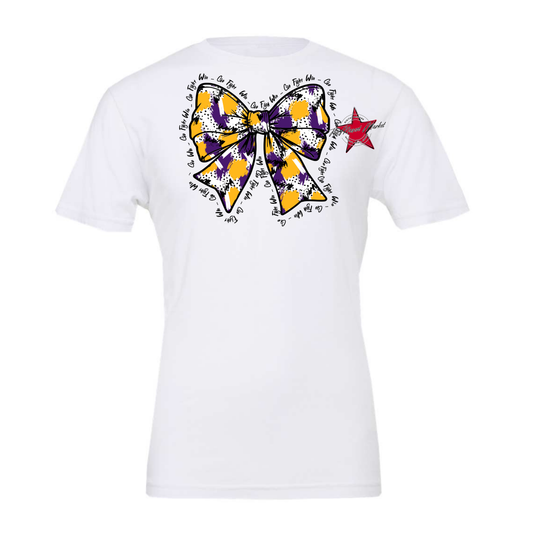 Go, Fight, Win, Splatter Bow Design-Purple-Yellow