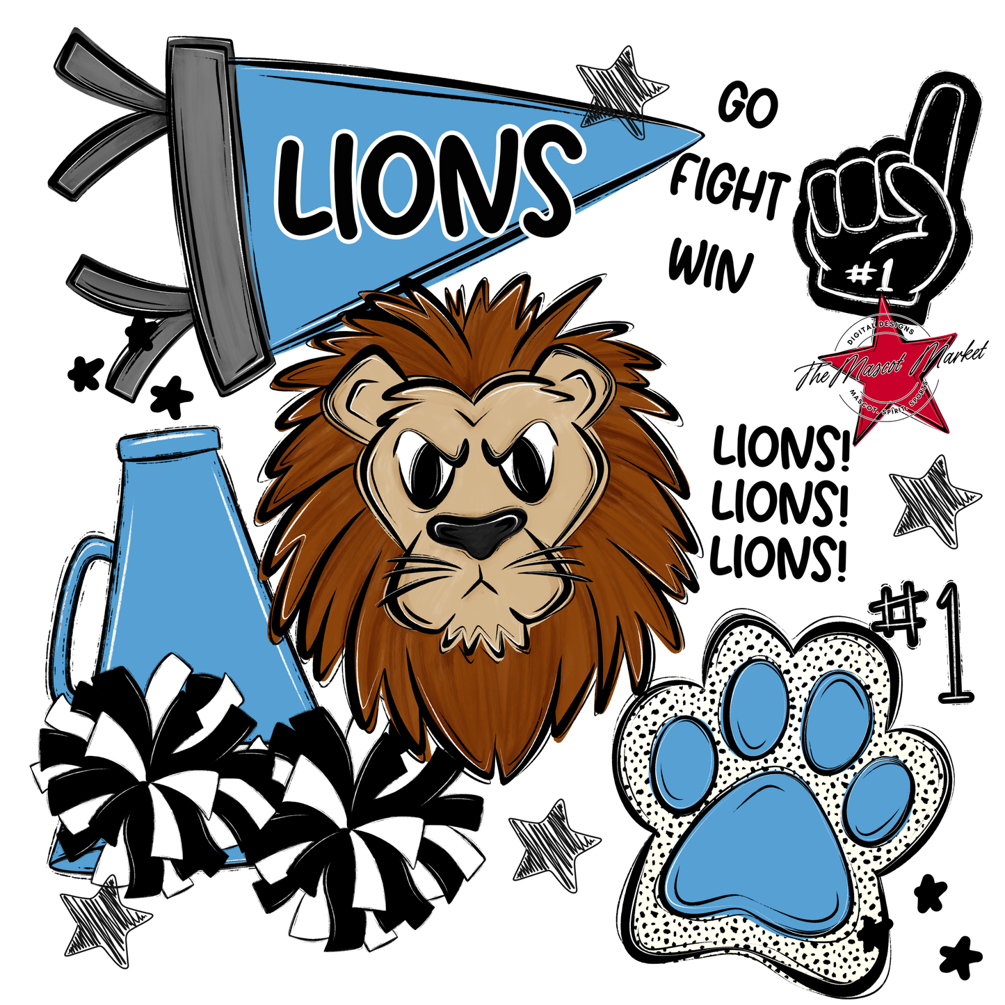 Lions Mixed Mascot Spirit Design-Carolina Blue