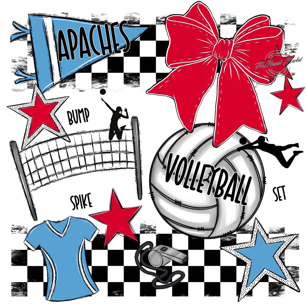 Apaches Volleyball Checkers Design-Carolina Blue & Red