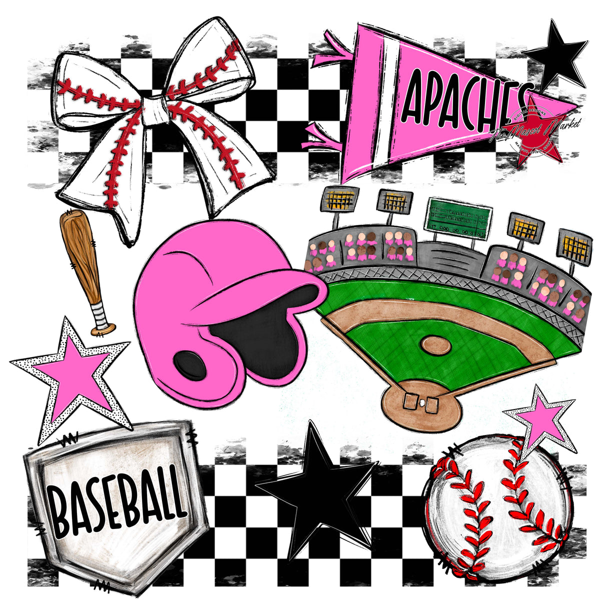 Apaches Baseball Checkers Design-Baby Pink