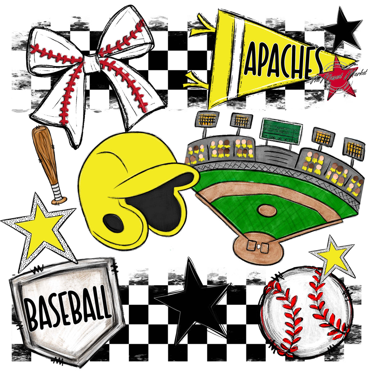 Apaches Baseball Checkers Design-Bright Yellow