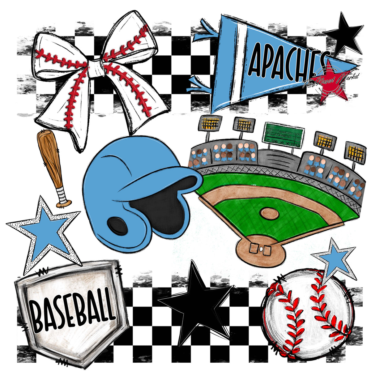Apaches Baseball Checkers Design-Carolina Blue