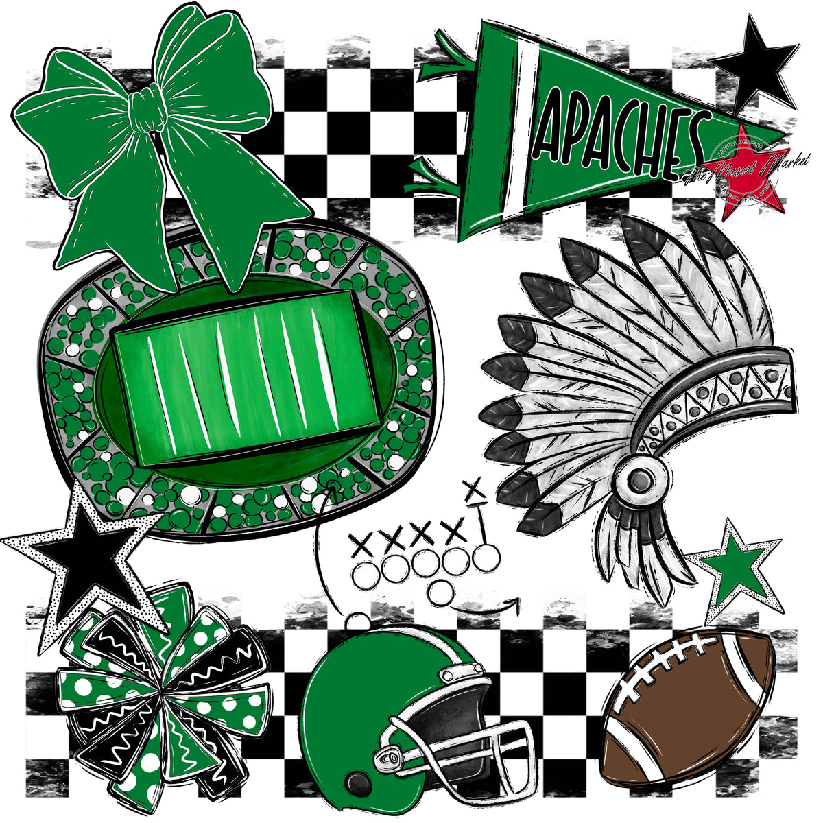 Apaches Checkers Mascot Spirit Design-Kelly Green