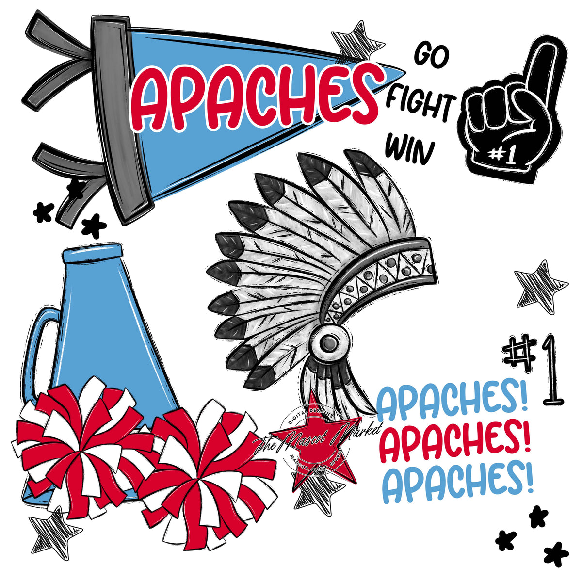 Apaches Mascot Spirit Design 2-Carolina Blue & Red