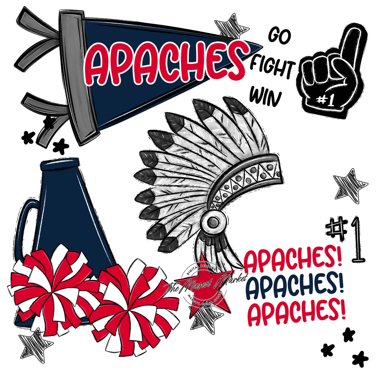 Apaches Mascot Spirit Design 2-Navy & Red