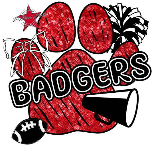 Badgers Sequins Paw Print Design-Red