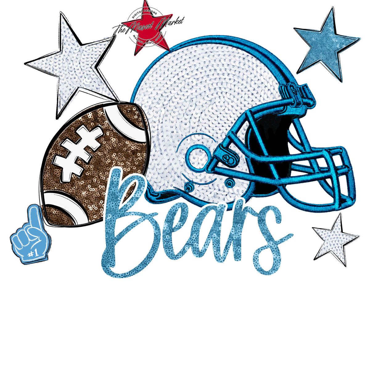 Bears Football Embroidered Sequins Design-Carolina Blue